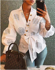 Blouse V Neck Lantern Long Sleeve with Sashes Button Print Shirt for Women Spring Summer Bluas Female Tops Elegant Office Casual
