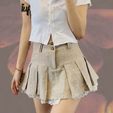 Lizakosht Grunge Fairycore Lace Double Layer Mini Skirt Button Y2K Cute Solid Pleated Skirts Elfcore Patchwork Clothes Aesthetic