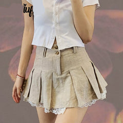 Lizakosht Grunge Fairycore Lace Double Layer Mini Skirt Button Y2K Cute Solid Pleated Skirts Elfcore Patchwork Clothes Aesthetic