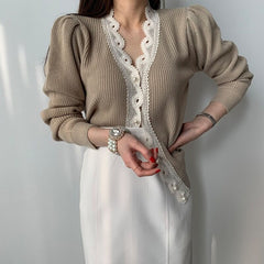 Design blouse lace stitching light familiar niche sweater sweater
