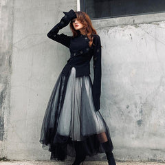 Lizakosht New Spring Summer High Waist Black 5 Layers Mesh Stitc Temperament Half-body Skirt Women Fashion Tide