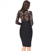 Lizakosht New Women's Bandage Dress Sexy V-Neck Lace Openwork Long-Sleeved Split Tight Dress Vestidos Sexy Embroidered Lace Bodycon Dress