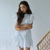 Ruffles Straight Dress Women Cotton Vintage Summer Party Dress Loose O-Neck Butterfly Sleeve Elegant Dress Cocktail Sexy Club