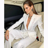 Lizakosht  Pantsuits Two Piece Set White Office Ladies Women Business Wide Leg Pants Lace Blazer + Pants Formal Suit High Quality