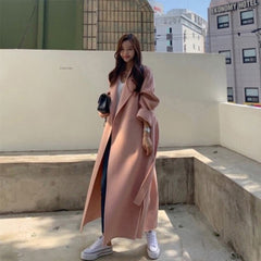 Lizakosht Autumn Winter Women Warm Korea Ins Jacket Double-Sided Cashmere Women's Long Loose Side Slit Wool Tweed Coat Elegant Overcoat