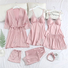 Lizakosht New Satin Pajamas Set for Women Sleepwear 7 pcs Female Lace Silk Pyjamas Suit Summer Autumn Lingerie Homewear Pijamas