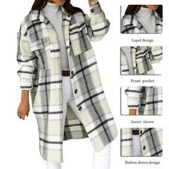 Women Vintage Warm Shirt Jacket Autumn Winter Plaid Long Shirt Jacekt Casual Loose Buttons Pockets Turn down Shirt Coat