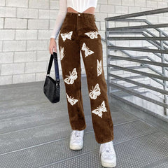Vintage Broad Legs Trousers Butterfly Print Pants High Waist Slim Jeans Denim Pants Women Trousers Cargo Pants Black Streetwear
