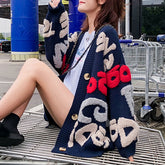 Casual Oversize Letter Print Cardigan Sweater Female Fashion Thick Warm Korean Knitted Coat Outwear Knitwear 2022 Winter Jersey