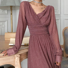 Lizakosht Vintage Glitter Long Maxi Dress Women Spring High Waist Long Sleeve Elegant Boho Dress Shiny Party Dress Plus Size Sexy A872