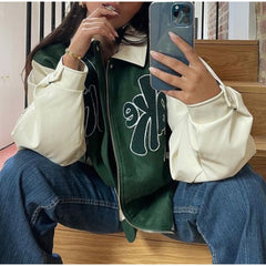 Autumn ‘TAKE A TRIP’ Bomber Jacket Women Grass Green Contrast Sleeve Bomber Jacket with Letter Applique Baseball Jacket