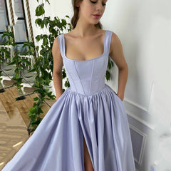 Lizakosht Chic Purple A-Line Long Satin Prom Dress With Pockets Sexy Square neck Lace-Up Corset Evening Gowns Saudi Arabia Party Dress