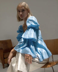 Lizakosht Trumpet sleeve elegant fashion design shirt women summer hedging long sleeve square collar slim blouse