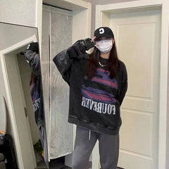 Plus Velvet Thickening Autumn Winter 2022 Sunset Sunset Print Hip-hop Street Distressed Round Neck Loose Long-sleeved Sweatshirt