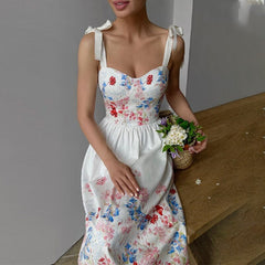 Lizakosht Spaghetti Strap Floral Print Women's Midi Dress Elegant Lace Up Sleeveless Dresses For Woman Summer Fashion Party Vestidos