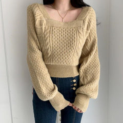 New Autumn Lazy Temperament Blouse Women's Square Collar Lantern Sleeve Twist Pullover Sweater Knit Bottoming Shirt DF621