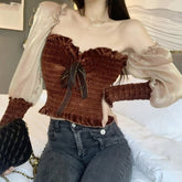 New Women Spring Fashion Streetwear Off Shoulder Puff Sleeve Velvet Patchwork Blouse Blusas Office Lady Sexy Shirt Tops
