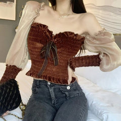 New Women Spring Fashion Streetwear Off Shoulder Puff Sleeve Velvet Patchwork Blouse Blusas Office Lady Sexy Shirt Tops