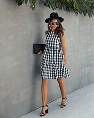 Dresses For Women Summer Casual Loose Plaid Print Ruffled Midi Dress Sleeveless Vintage Ladies Dress Vacation Sundress