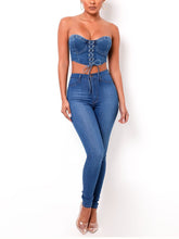 High Quality 2022 Summer Top Sexy Blue Bodycon Crop Top Lace Up Denim Top Short Vest Camisole Removeable Strap
