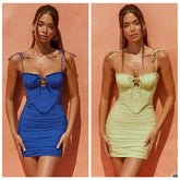 High Quality Women Summer Dress Mini Sexy Bodycon Dress 2022 New Arrivals Double Layer V Neck Blue Prom Evening Party Dress