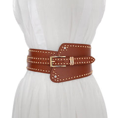 Pu Leather Black Rivet Asymmetrical Elastic Wide Belt Personality Women New Fashion All-match Autumn Winter