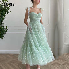 Lizakosht Glitter Prom Dresses Mint Green Adjustable Straps Shiny Love Tulle Tea Length Arabic Wedding Party Graduation Dress 2021