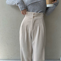 Hstar High Waist Double Button Loose Female Straight Leg Trousers Casual Pantalon Femme Pant Fashion Women Corduroy Long Pant