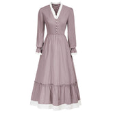 SD Women Renaissance Cotton Dress Puffed Long Sleeve V-Neck Flared A-Line Dress Women Vintage Solid Color Winter Dress Elegant