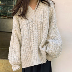 Korean Chic Popular Sweater Early Autumn Lazy Style High-quality Sense Of V-neck Twist Loose Knit Top Winter Clothing Ladies Top