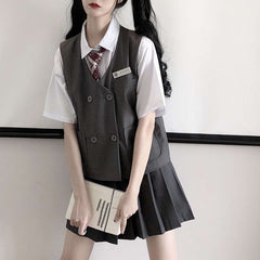 Lizakosht Summer Suit Kawaii Women Student Japanese College Style White Shirt + Vest Vest + Pleated Skirt Three-Piece Trend Free Tie