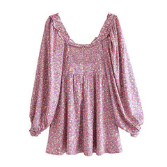 Lizakosht Spring Women Vintage Floral Print Mini Dress Sweet Ruffle Sexy Collar Puff Sleeve Dress Ladies Prairie Chic Vestido