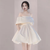 Lizakosht Slash Neck Summer Party Dress Women High Waist Mini Dress Plus Size White Elegant Luxury Evening Zipper A-Line Office C864