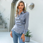 Lizakosht Office lady irregular pleated shirt spring autumn Skinny ruched women blouse shirts short Lapel long sleeved female top