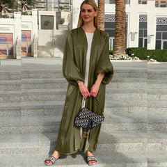 Eid Muslim Abaya Dress Kimono for Women Fashion Shining Silklike Summer Open Abayas Cardigan Puff Sleeve Dubai Turkey Clothes