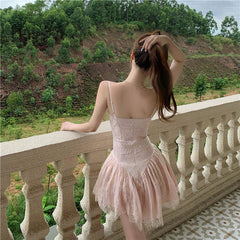 Lace Spaghetti Strap Dress Summer Floral Patchwork Pink Sleeveless Beach Dress Cute Mini Femme Robe Sundress Sling Dresses 2022