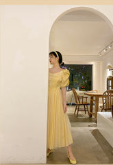 Lizakosht Vintage Elegant Appliques Bell Yellow A Line Princess Dress Puff Sleeve Fitness Casual Midi Long Dress Vestidos Chic