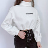 Autumn Winter Turtleneck Thick Hoodie Oversized Women Crop Tops Sweatshirt Pullovers Long Sleeve Letter Print Waist Drawstring