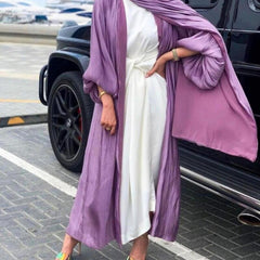 Eid Muslim Abaya Dress Kimono for Women Fashion Shining Silklike Summer Open Abayas Cardigan Puff Sleeve Dubai Turkey Clothes