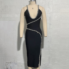 Lizakosht  2022 Ladies Spaghetti Straps V-neck Sexy Tight Bandage Dress Crystal Diamond Design Celebrity Runway Party Club Dress