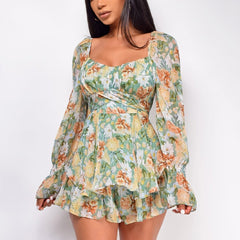 Lizakosht Women's Chiffon Long Sleeves Jumpsuit Lace Up Ruffle Floral Print Romper Female Playsuit 2022 Ladies Sexy Square Collar Jumpsuit