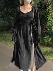 Elegant Party Midi Dress Women Autumn 2022 Black Korean Style Split Y2k Dress Female Bandage Slim French Vintage Dress Designer