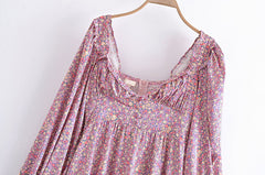 Lizakosht Spring Women Vintage Floral Print Mini Dress Sweet Ruffle Sexy Collar Puff Sleeve Dress Ladies Prairie Chic Vestido