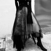Lizakosht New Spring Summer High Waist Black 5 Layers Mesh Stitc Temperament Half-body Skirt Women Fashion Tide