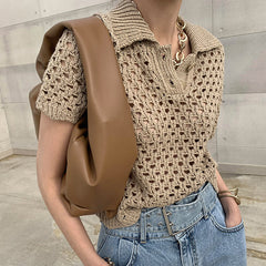 Korejpaa Women T-Shirt Summer Korean Chic French Retro Lapel Mesh Hollow Perspective Design Casual Short-Sleeved Sweater