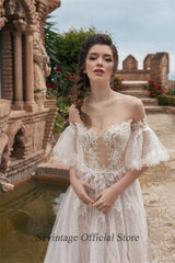 Sevintage 2021 Flare Sleeve Boho Wedding Dresses Lace Appliqued Illusion Scoop Beach Bridal Gowns A Line Abiti Da Sposa
