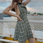 Sexy V-neck Women Mini Dress Plaid Summer Vintage Shirt Dress Backless Casual Skinny Party Outifits Clubwear Cuteandpsycho