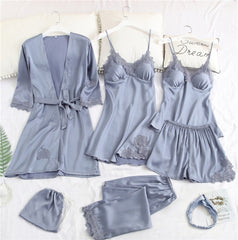 Lizakosht New Satin Pajamas Set for Women Sleepwear 7 pcs Female Lace Silk Pyjamas Suit Summer Autumn Lingerie Homewear Pijamas