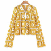 Foridol Sunflower Crochet Yellow Knitted Sweater Cardigans Women Spring Autumn Casual Hollow Out Short Cardigan Harajuku
