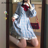Lizakosht Women Japanese Harajuku Peter Pan Collar Bow Dress Female A-line Cute Lolita Dress Blue Plaid Ruffles Fairy Vestidos